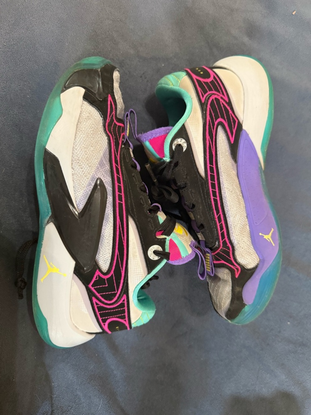Jordan Shoes in Purple, Green, Black and Gold Accents